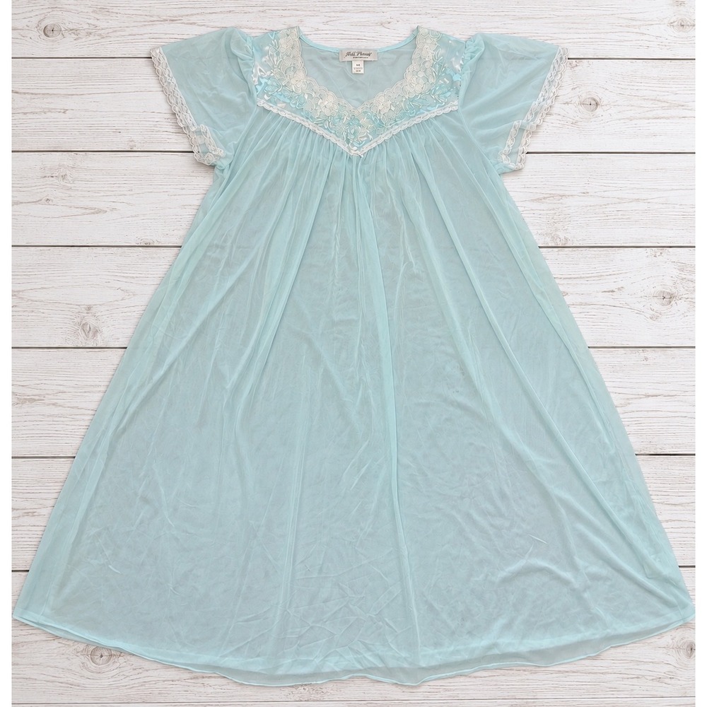 Vintage Miss Elaine Silk Essence Nightgown Lace Floral Embroidery Blue Size M